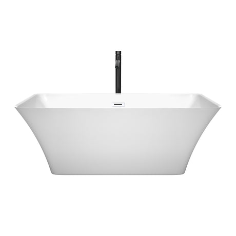 Tiffany 59 Inch Freestanding Bathtub in White with Shiny White Trim and Floor Mounted Faucet in Matte Black