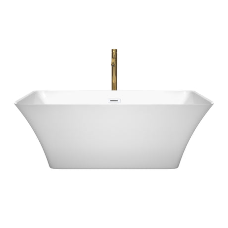 Tiffany 59 Inch Freestanding Bathtub in White with Shiny White Trim and Floor Mounted Faucet in Brushed Gold