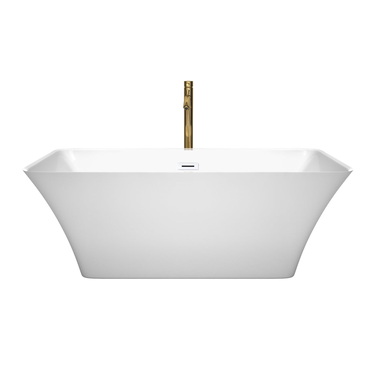 Tiffany 59 Inch Freestanding Bathtub in White with Shiny White Trim and Floor Mounted Faucet in Brushed Gold