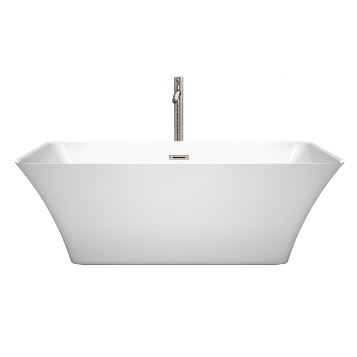 Tiffany 67 Inch Freestanding Bathtub in White with Floor Mounted Faucet Drain and Overflow Trim in Brushed Nickel