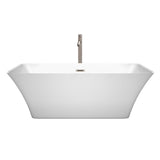 Tiffany 67 Inch Freestanding Bathtub in White with Floor Mounted Faucet Drain and Overflow Trim in Brushed Nickel