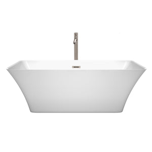 Tiffany 67 Inch Freestanding Bathtub in White with Floor Mounted Faucet Drain and Overflow Trim in Brushed Nickel