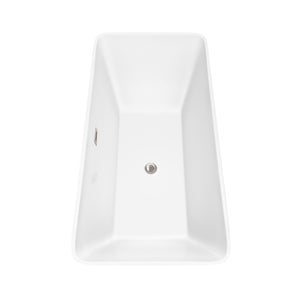 Tiffany 67 Inch Freestanding Bathtub in White with Floor Mounted Faucet Drain and Overflow Trim in Brushed Nickel