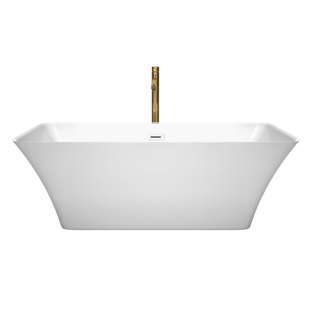 Tiffany 67 Inch Freestanding Bathtub in White with Shiny White Trim and Floor Mounted Faucet in Brushed Gold