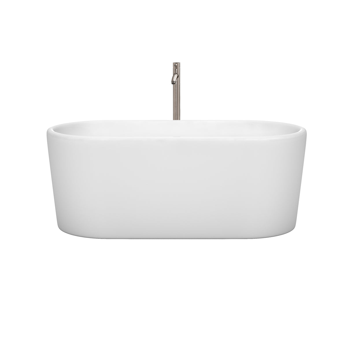 Ursula 59 Inch Freestanding Bathtub in White with Floor Mounted Faucet Drain and Overflow Trim in Brushed Nickel