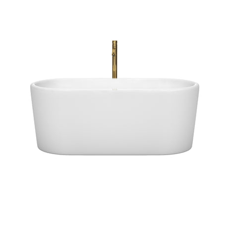 Ursula 59 Inch Freestanding Bathtub in White with Polished Chrome Trim and Floor Mounted Faucet in Brushed Gold