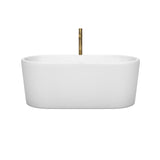 Ursula 59 Inch Freestanding Bathtub in White with Shiny White Trim and Floor Mounted Faucet in Brushed Gold