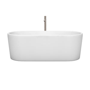 Ursula 67 Inch Freestanding Bathtub in White with Floor Mounted Faucet Drain and Overflow Trim in Brushed Nickel