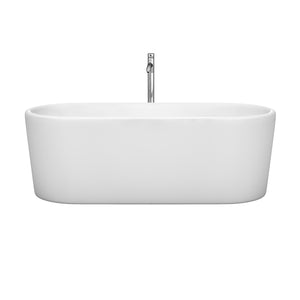 Ursula 67 Inch Freestanding Bathtub in White with Floor Mounted Faucet Drain and Overflow Trim in Polished Chrome