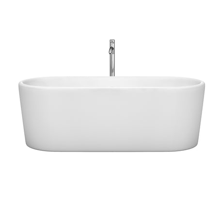 Ursula 67 Inch Freestanding Bathtub in White with Floor Mounted Faucet Drain and Overflow Trim in Polished Chrome