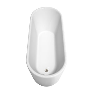 Ursula 67 Inch Freestanding Bathtub in White with Floor Mounted Faucet Drain and Overflow Trim in Brushed Nickel