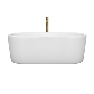 Ursula 67 Inch Freestanding Bathtub in White with Polished Chrome Trim and Floor Mounted Faucet in Brushed Gold