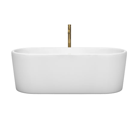 Ursula 67 Inch Freestanding Bathtub in White with Polished Chrome Trim and Floor Mounted Faucet in Brushed Gold