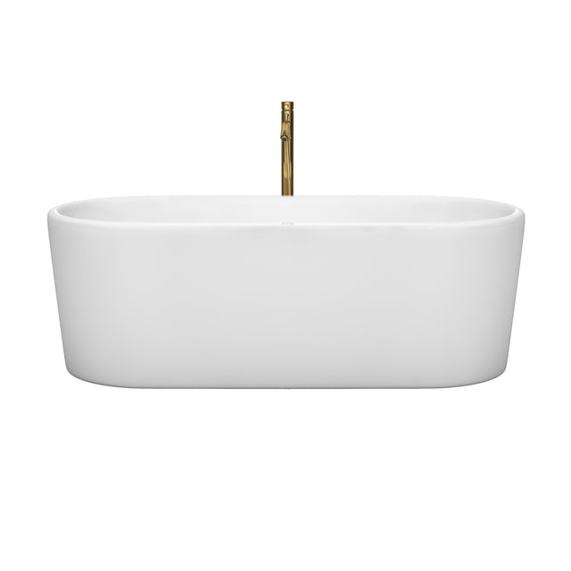 Ursula 67 Inch Freestanding Bathtub in White with Polished Chrome Trim and Floor Mounted Faucet in Brushed Gold
