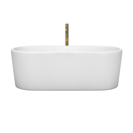Ursula 67 Inch Freestanding Bathtub in White with Shiny White Trim and Floor Mounted Faucet in Brushed Gold