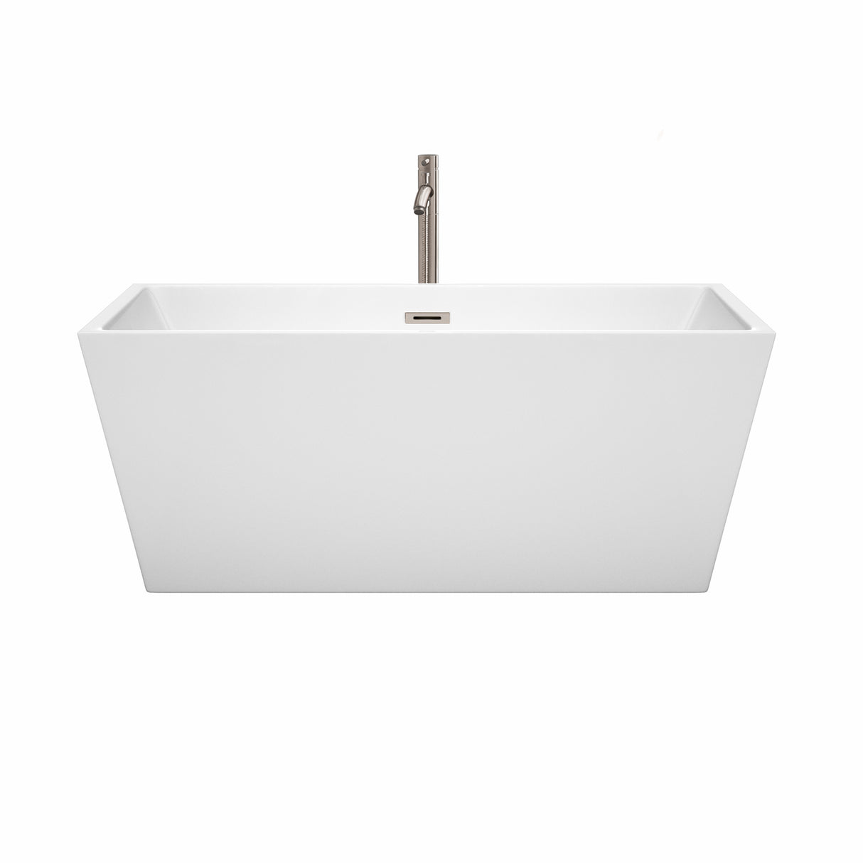 Sara 59 Inch Freestanding Bathtub in White with Floor Mounted Faucet Drain and Overflow Trim in Brushed Nickel