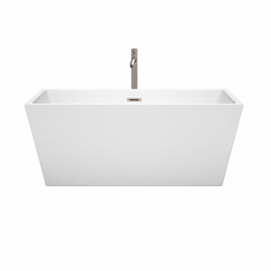 Sara 59 Inch Freestanding Bathtub in White with Floor Mounted Faucet Drain and Overflow Trim in Brushed Nickel