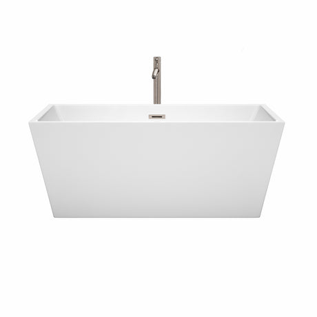 Sara 59 Inch Freestanding Bathtub in White with Floor Mounted Faucet Drain and Overflow Trim in Brushed Nickel