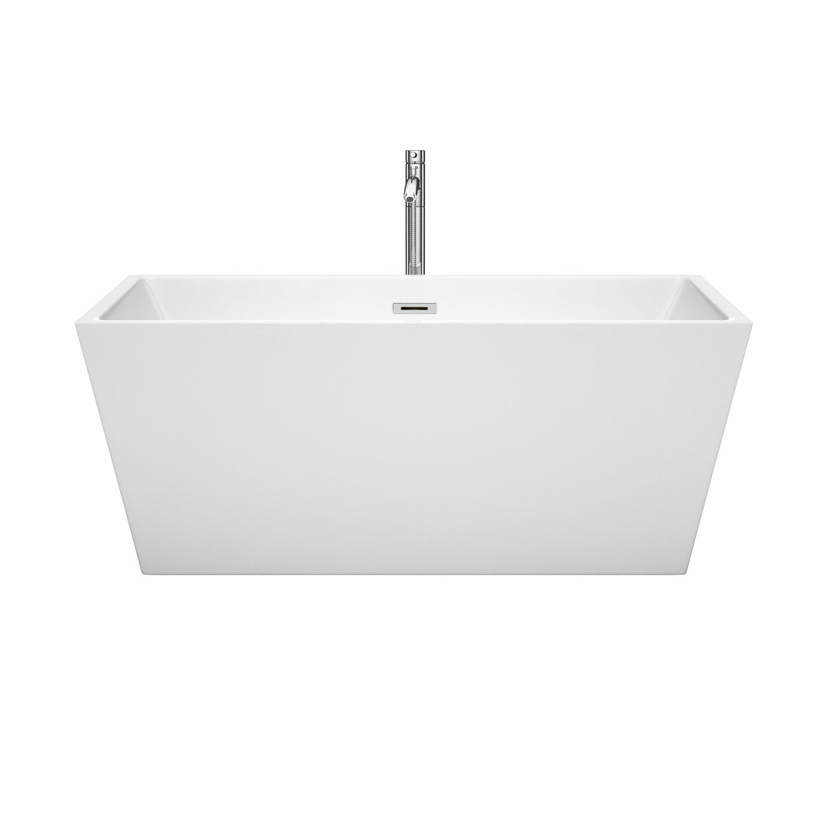 Sara 59 Inch Freestanding Bathtub in White with Floor Mounted Faucet Drain and Overflow Trim in Polished Chrome