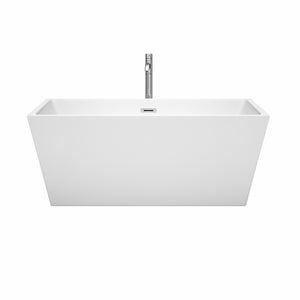 Sara 59 Inch Freestanding Bathtub in White with Floor Mounted Faucet Drain and Overflow Trim in Polished Chrome