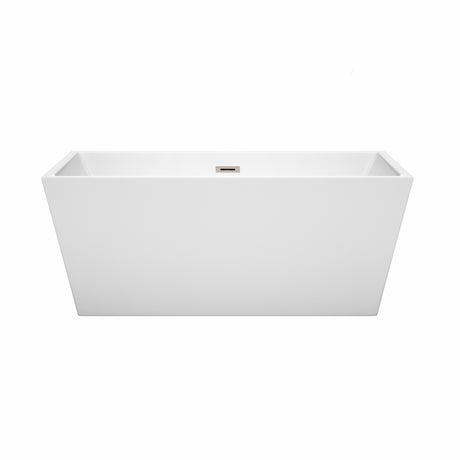 Sara 59 Inch Freestanding Bathtub in White with Brushed Nickel Drain and Overflow Trim