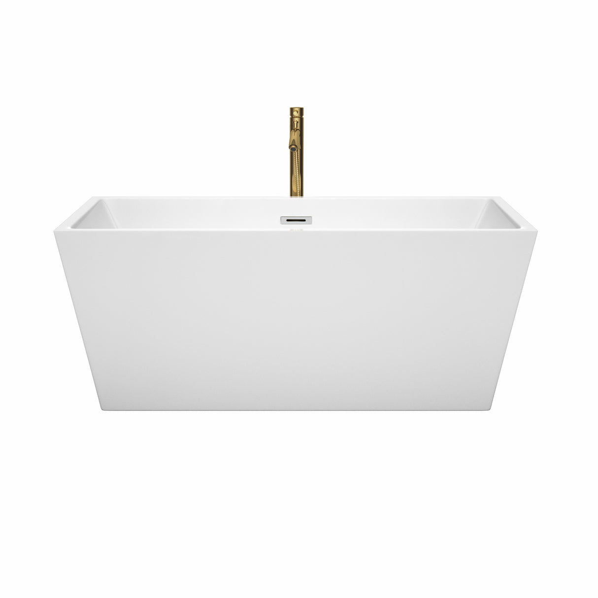 Sara 59 Inch Freestanding Bathtub in White with Polished Chrome Trim and Floor Mounted Faucet in Brushed Gold