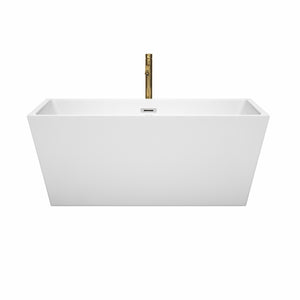 Sara 59 Inch Freestanding Bathtub in White with Polished Chrome Trim and Floor Mounted Faucet in Brushed Gold