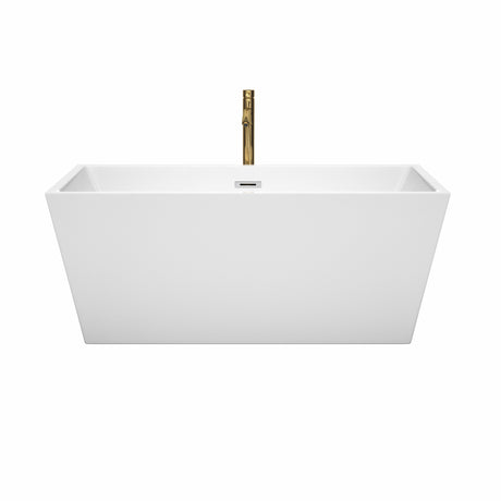 Sara 59 Inch Freestanding Bathtub in White with Polished Chrome Trim and Floor Mounted Faucet in Brushed Gold