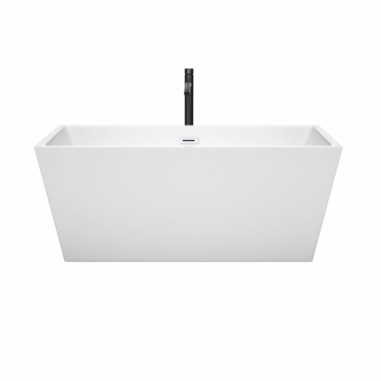 Sara 59 Inch Freestanding Bathtub in White with Shiny White Trim and Floor Mounted Faucet in Matte Black