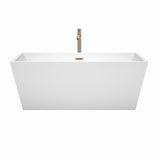 Sara 63 Inch Freestanding Bathtub in White with Floor Mounted Faucet Drain and Overflow Trim in Brushed Nickel