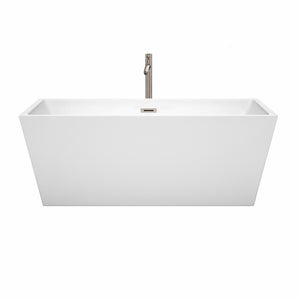 Sara 63 Inch Freestanding Bathtub in White with Floor Mounted Faucet Drain and Overflow Trim in Brushed Nickel