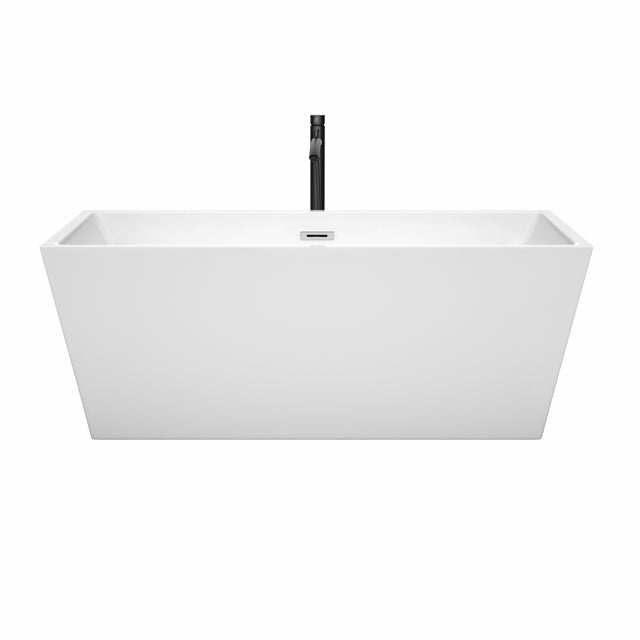 Sara 63 Inch Freestanding Bathtub in White with Polished Chrome Trim and Floor Mounted Faucet in Matte Black