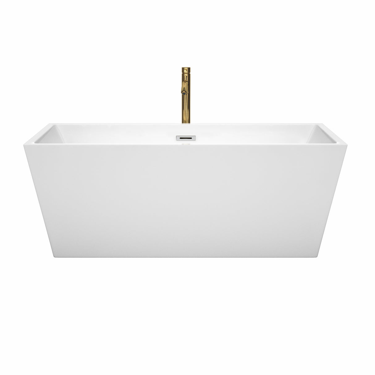 Sara 63 Inch Freestanding Bathtub in White with Polished Chrome Trim and Floor Mounted Faucet in Brushed Gold