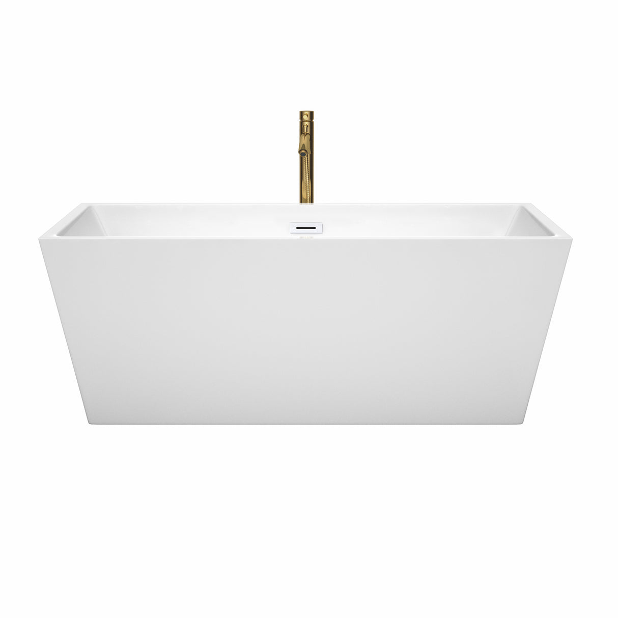 Sara 63 Inch Freestanding Bathtub in White with Shiny White Trim and Floor Mounted Faucet in Brushed Gold