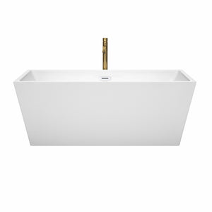 Sara 63 Inch Freestanding Bathtub in White with Shiny White Trim and Floor Mounted Faucet in Brushed Gold
