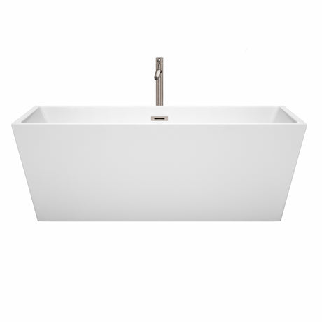 Sara 67 Inch Freestanding Bathtub in White with Floor Mounted Faucet Drain and Overflow Trim in Brushed Nickel