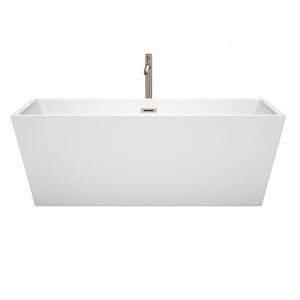 Sara 67 Inch Freestanding Bathtub in White with Floor Mounted Faucet Drain and Overflow Trim in Brushed Nickel