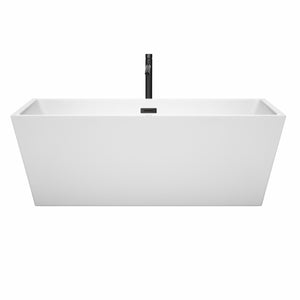Sara 67 Inch Freestanding Bathtub in White with Floor Mounted Faucet Drain and Overflow Trim in Matte Black