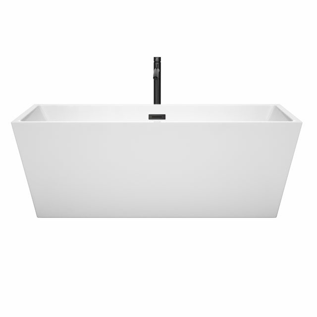 Sara 67 Inch Freestanding Bathtub in White with Floor Mounted Faucet Drain and Overflow Trim in Matte Black