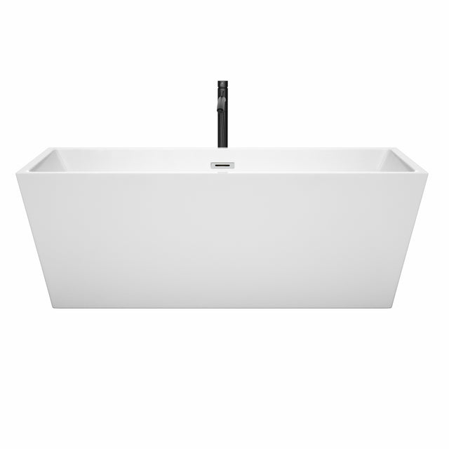 Sara 67 Inch Freestanding Bathtub in White with Polished Chrome Trim and Floor Mounted Faucet in Matte Black