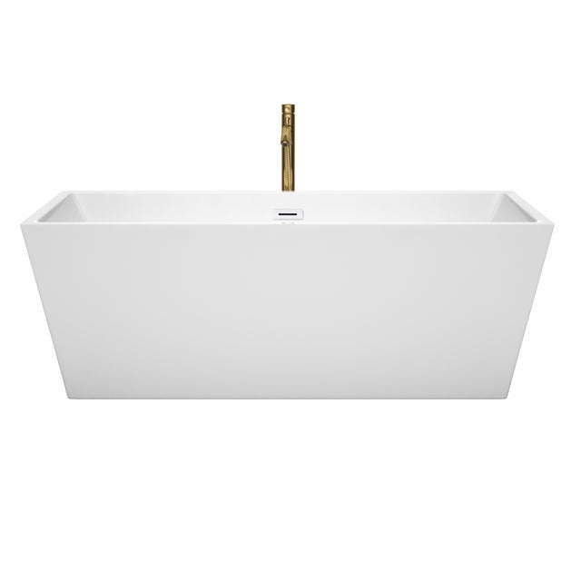 Sara 67 Inch Freestanding Bathtub in White with Shiny White Trim and Floor Mounted Faucet in Brushed Gold