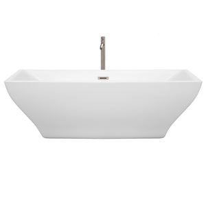 Maryam 71 Inch Freestanding Bathtub in White with Floor Mounted Faucet Drain and Overflow Trim in Brushed Nickel