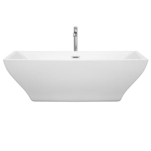 Maryam 71 Inch Freestanding Bathtub in White with Floor Mounted Faucet Drain and Overflow Trim in Polished Chrome