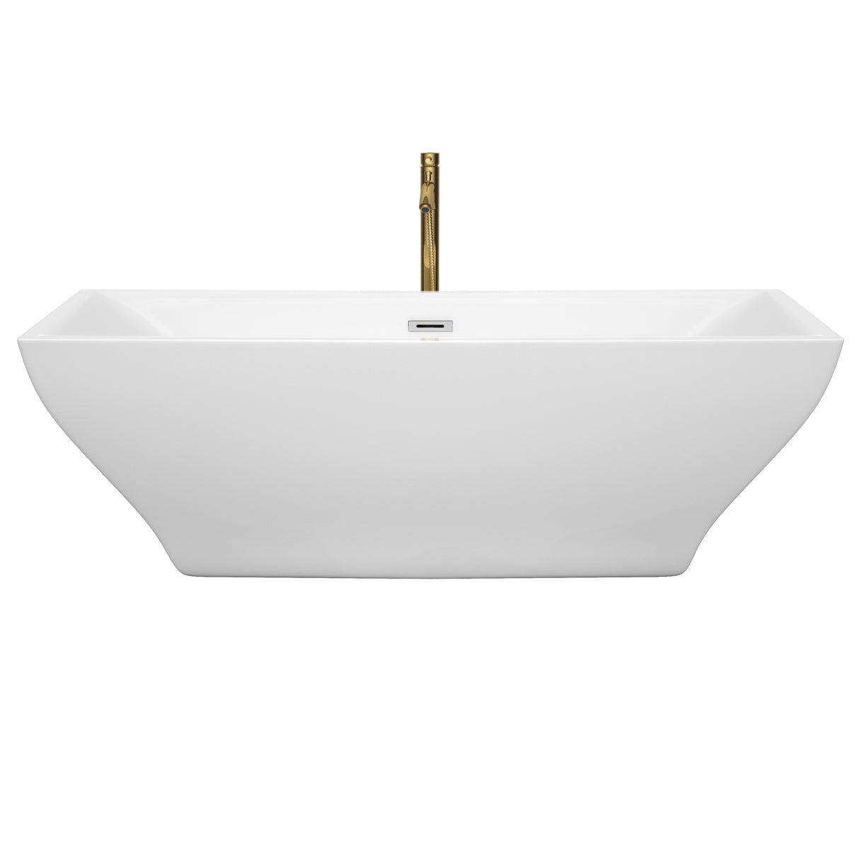 Maryam 71 Inch Freestanding Bathtub in White with Polished Chrome Trim and Floor Mounted Faucet in Brushed Gold