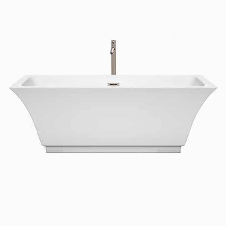 Galina 67 Inch Freestanding Bathtub in White with Floor Mounted Faucet Drain and Overflow Trim in Brushed Nickel