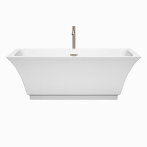 Galina 67 Inch Freestanding Bathtub in White with Floor Mounted Faucet Drain and Overflow Trim in Brushed Nickel