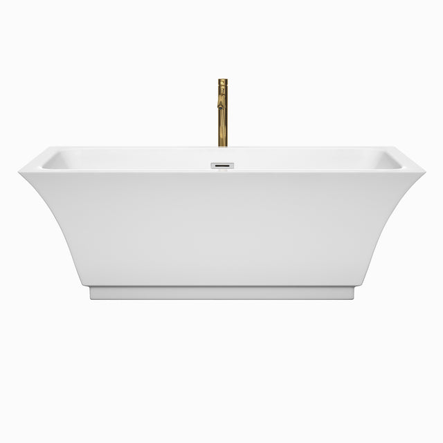 Galina 67 Inch Freestanding Bathtub in White with Polished Chrome Trim and Floor Mounted Faucet in Brushed Gold