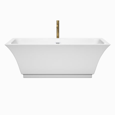 Galina 67 Inch Freestanding Bathtub in White with Shiny White Trim and Floor Mounted Faucet in Brushed Gold