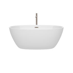 Juno 59 Inch Freestanding Bathtub in White with Floor Mounted Faucet Drain and Overflow Trim in Brushed Nickel