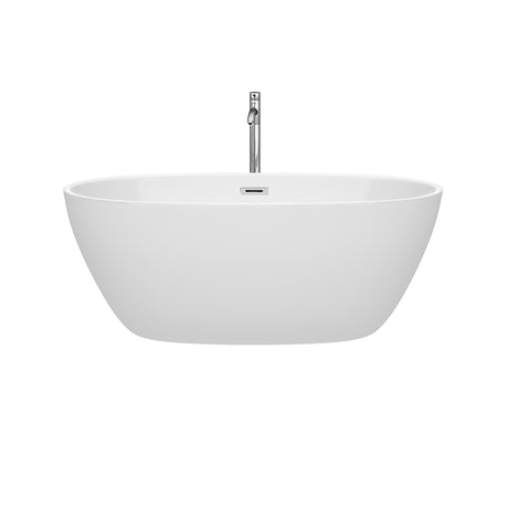 Juno 59 Inch Freestanding Bathtub in White with Floor Mounted Faucet Drain and Overflow Trim in Polished Chrome